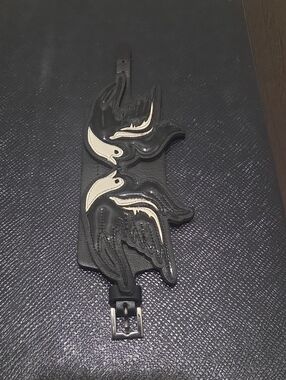 RED Valentino Black and White Leather Bracelet with Bird Appliqué